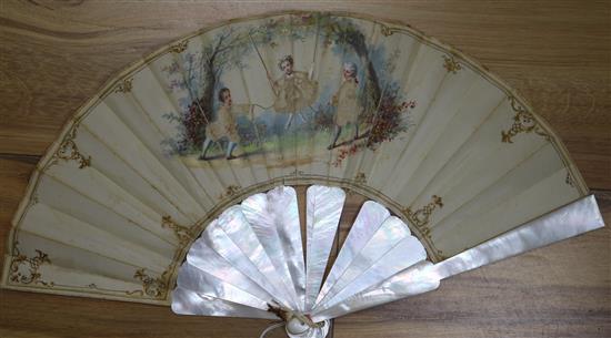 A 19th century silk fan, with mother of pearl sticks,